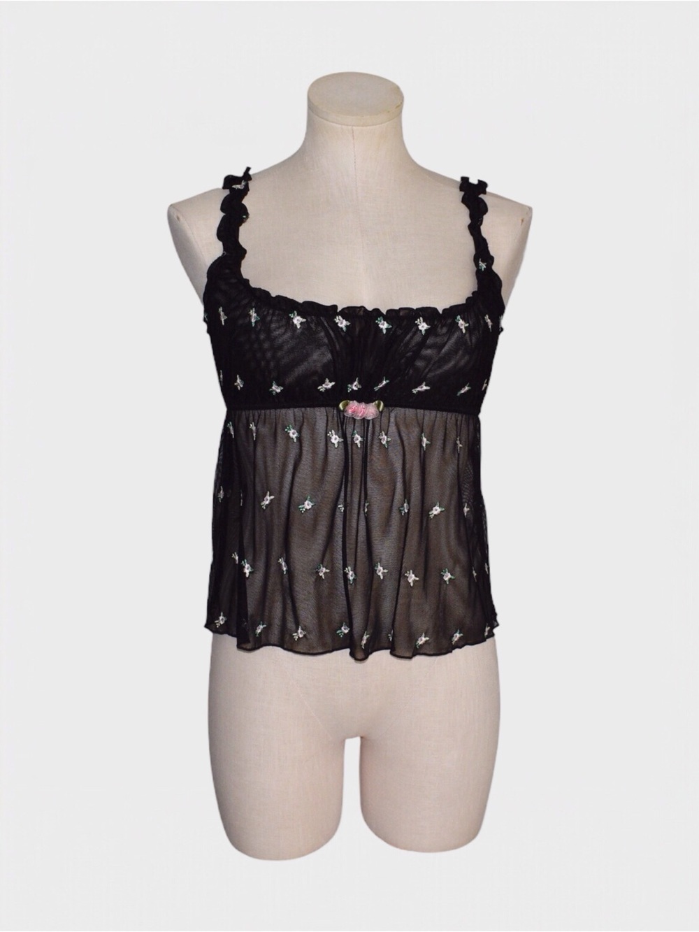 Victorias Secret Sheer Mesh Floral Embroidered Babydoll Cami Lingerie Top